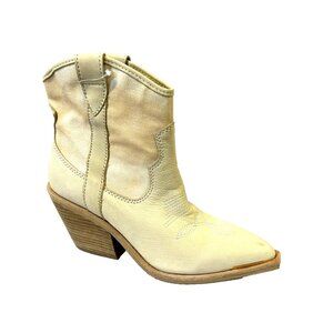 Womens Suede Leather Pointed Toe Ankle Cowboy Boots Cream Sz. 7
